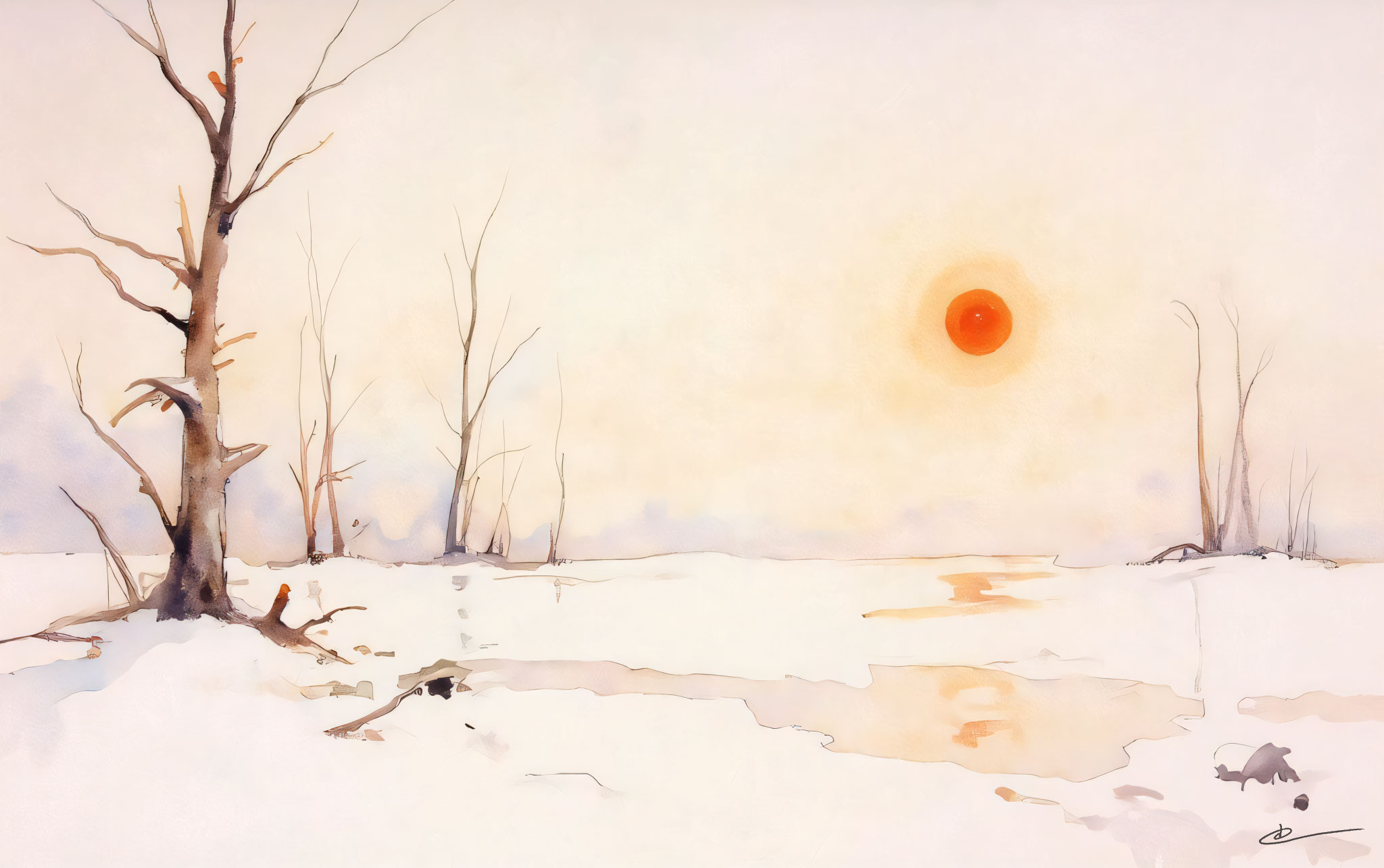 Watercolor Illustration of late January sun in Minnesota