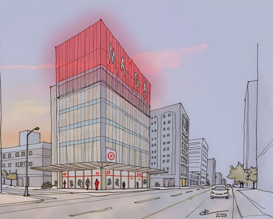 An illustration of the Target Corporate headquarters building in downtown Minneapolis with its famed illuminated roof showing all red and the letters "MAGA"