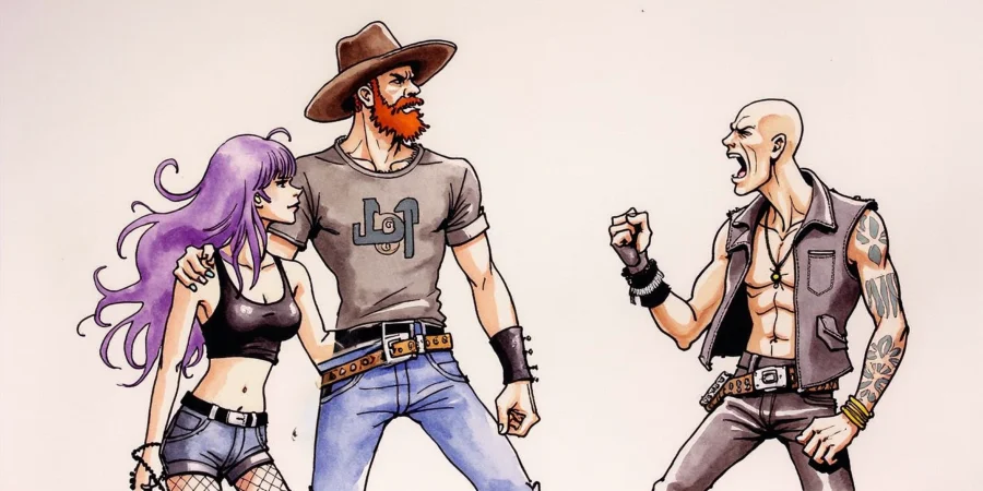 The cowboy and purple haired girl getting into a fight with her ex boyfriend in the city.