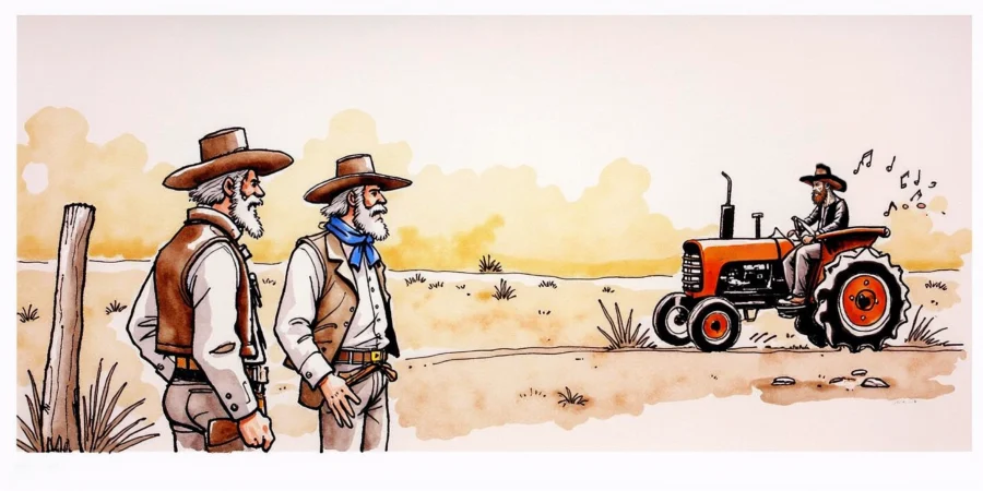 Two old cowboys talk about a young cowboy and the alternative music he has blasting from his tractor.
