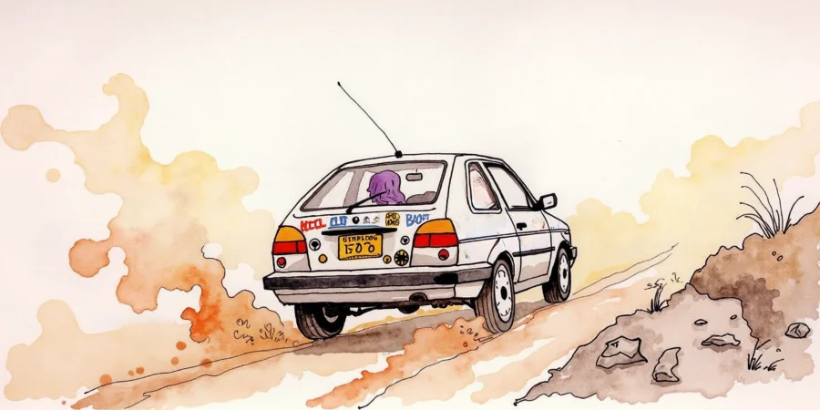 A purple haired woman driving down a gravel road in a small car with a lot of bumper stickers covering the back.