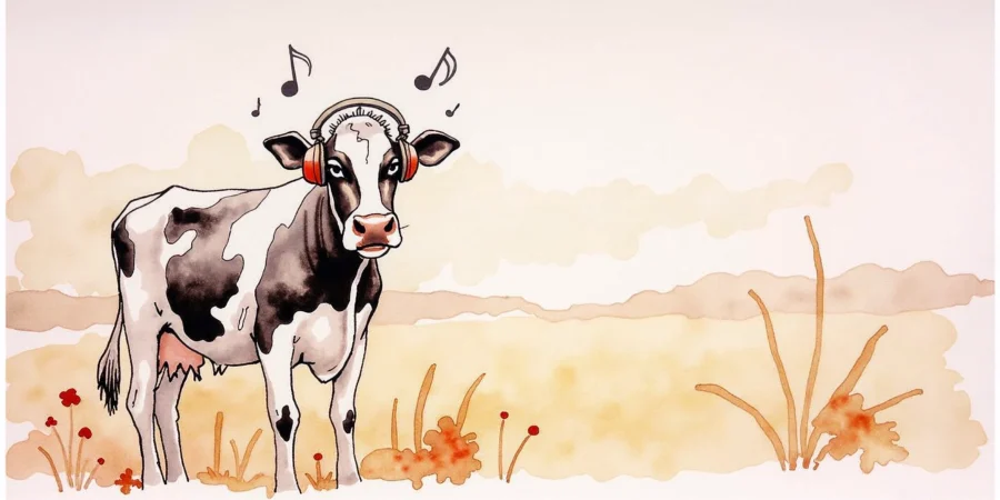 A holstein cow listening to heavy metal music in a pasture.
