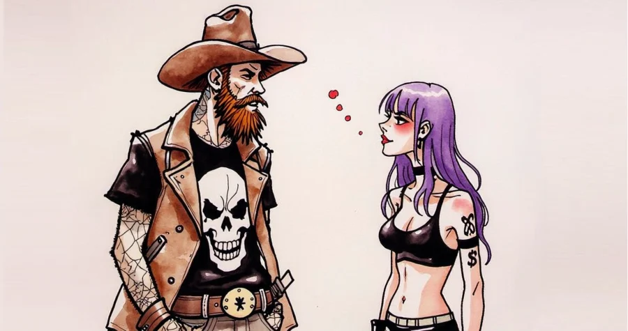 A scruffy cowboy wearing a heavy metal t-shirt having a conversation with a purple haired girl wearing punk rock clothes