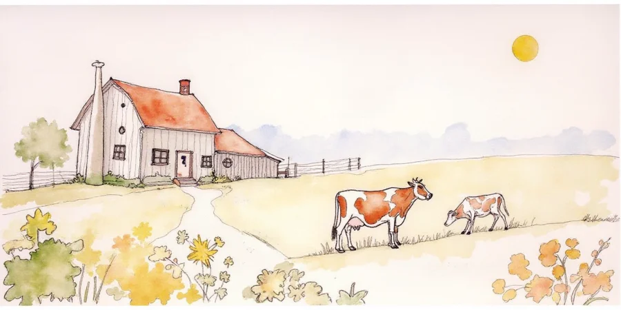 A farmstead with rolling hills and two cows gracing in the grass.