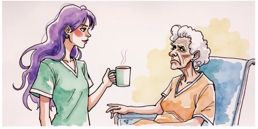 The purple haired woman working in a nursing home handing a cup of coffee to one of her more difficult patients.