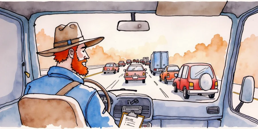 The cowboy stuck in a traffic jam while driving a courier van for his delivery job