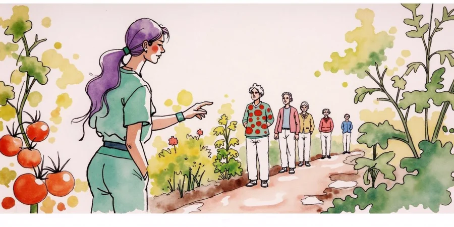 The purple haired woman tending a tomato garden with the nursing home patients.
