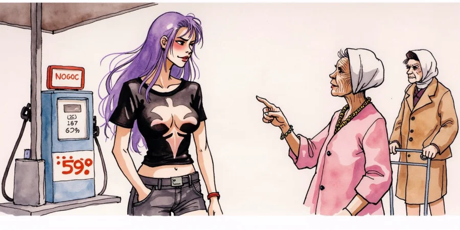 The purple haired woman at a gas station getting told she doesn't belong by two elderly women.